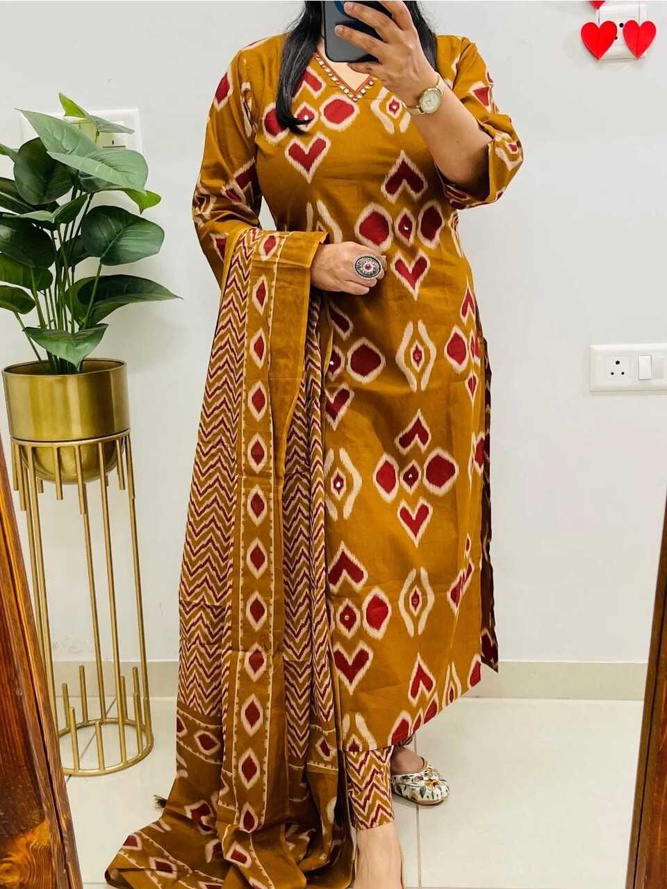 Taraash Mustard & Red Ikkat Embroidered Cotton Suit Set Secondary image