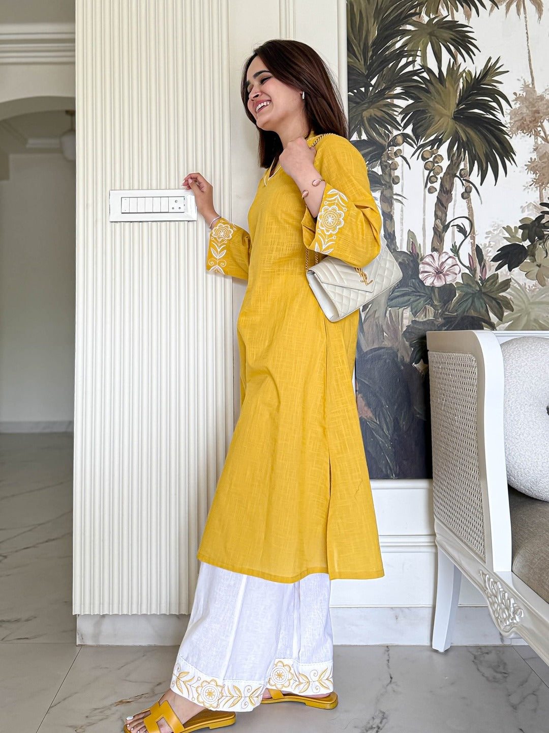 Mustard Yellow Floral Embroidered Cotton Kurta Set Secondary image