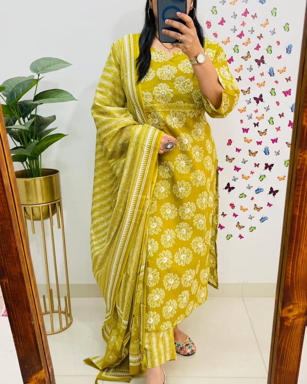 Mustard Yellow Floral Printed Cotton Suit Set Secondary image