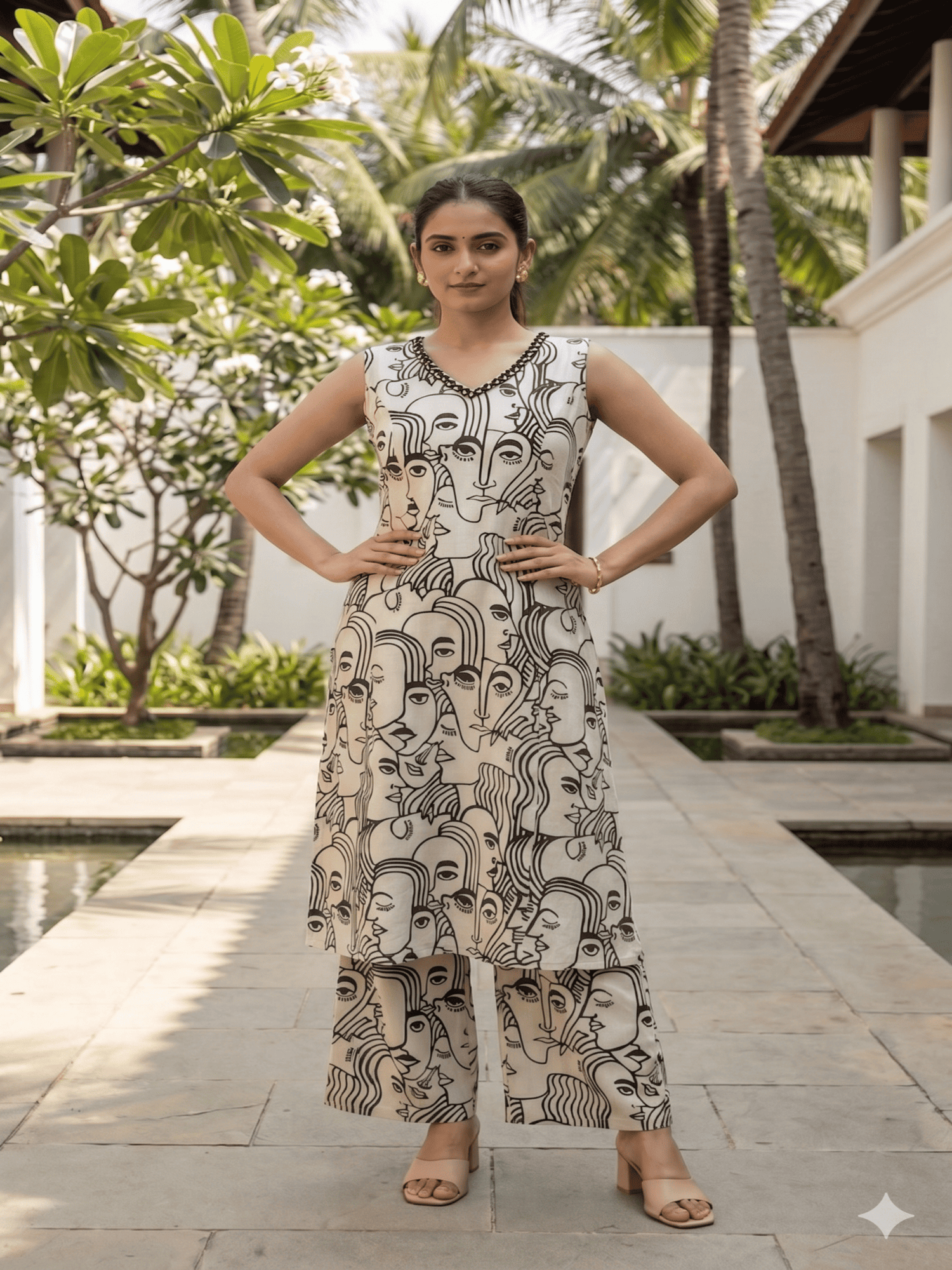 Taraash Off White & Black Abstract Printed Foil Mirror Work Embroidered Flex Cotton Co-ord Set Secondary image