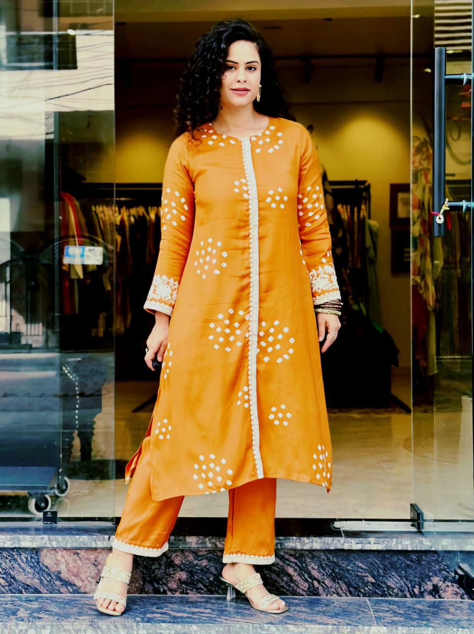 Taraash Orange Bandhej Embroidered Foil Mirror Work Cotton Kurta Set Secondary image