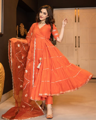 Orange Gotta Work Anarkali Rayon Suit Set