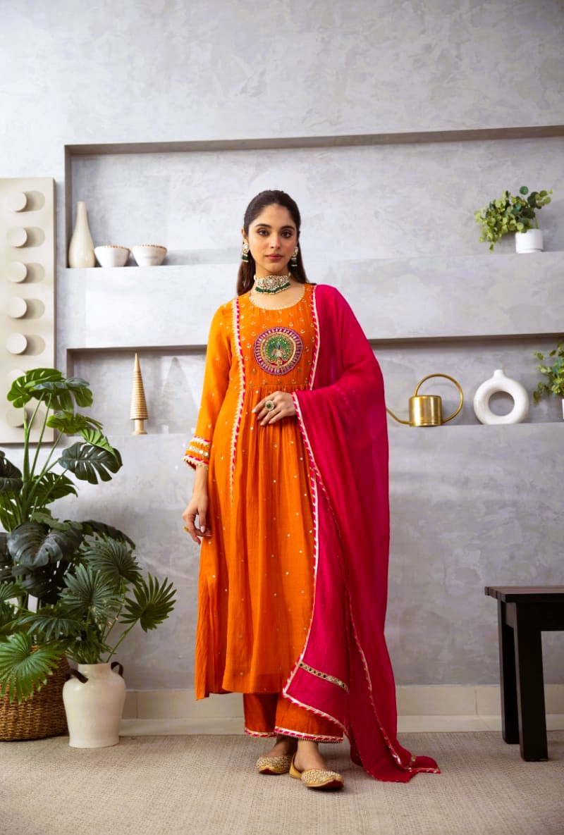 Taraash Orange Peacock Gotta Work Embroidered Anarkali Cotton Suit Set Secondary image