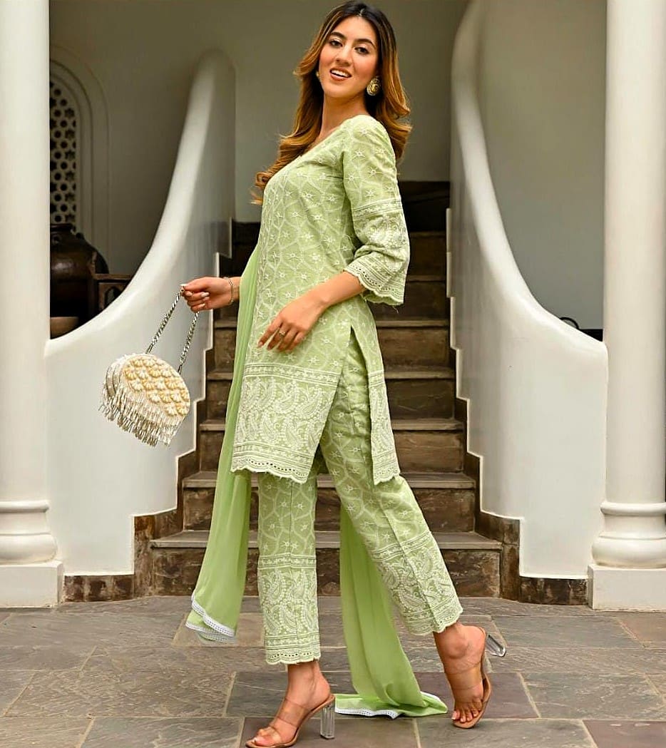 Taraash Pista Green Chikankari Scalloped Cotton Suit Set Secondary image