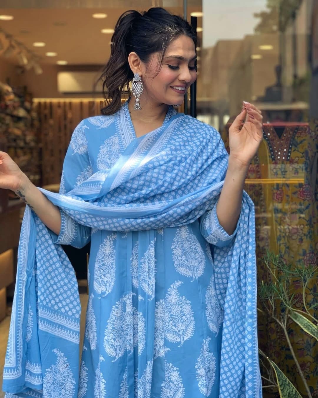 Powder Blue Boota Printed Cotton Suit Set Secondary image