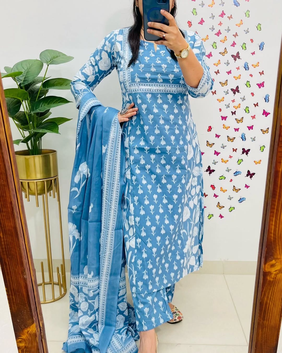 Powder Blue Floral Printed Cotton Suit Set Secondary image