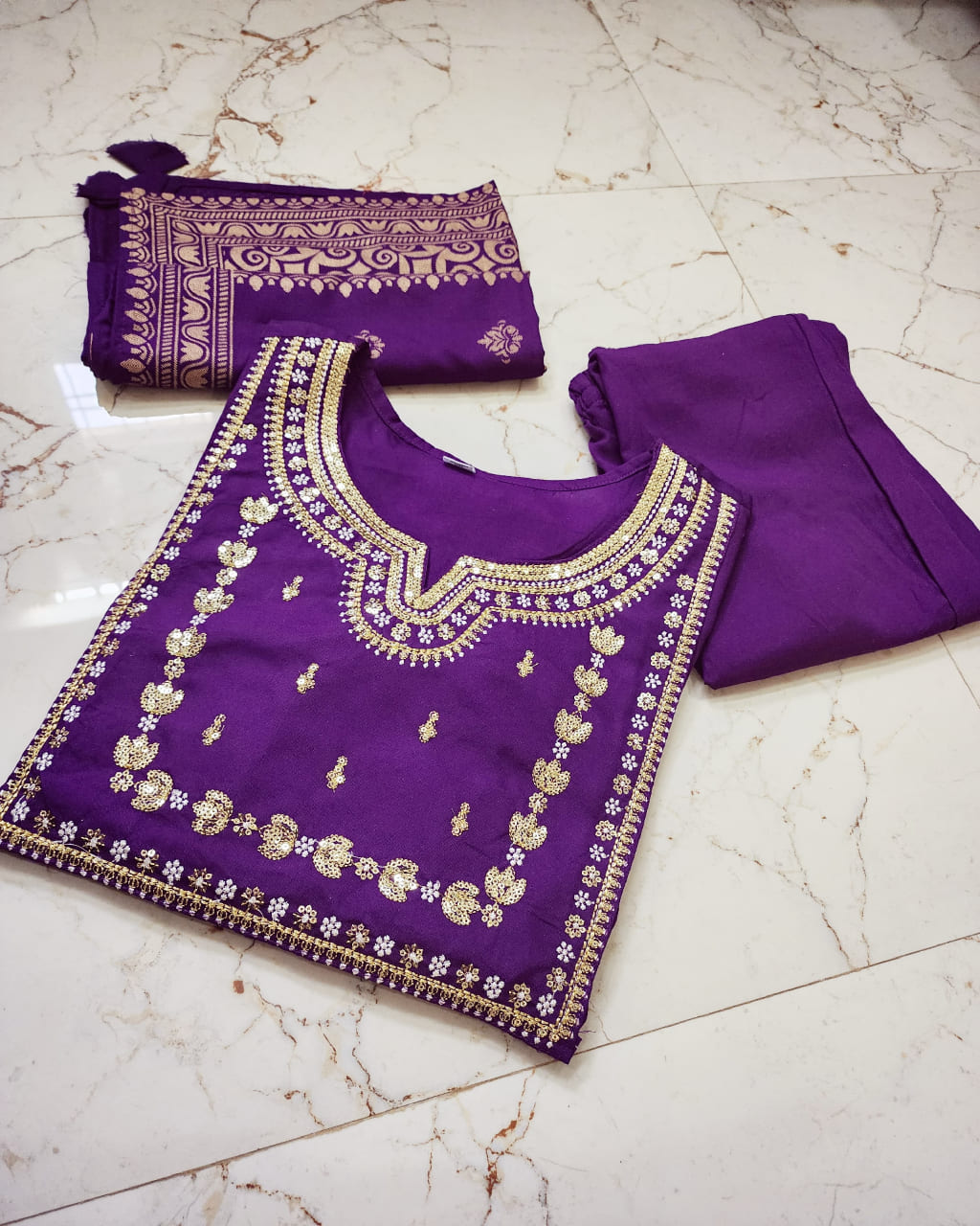 Purple Sequins Handwork Embroidered Rayon Suit Set