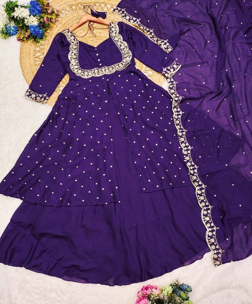Taraash Purple Vichitra Silk Sequins Embroidered Dress with Skirt & Dupatta Secondary image