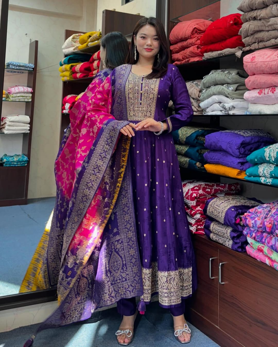 Taraash Purple Zari Work Anarkali Banarasi Suit Set Secondary image