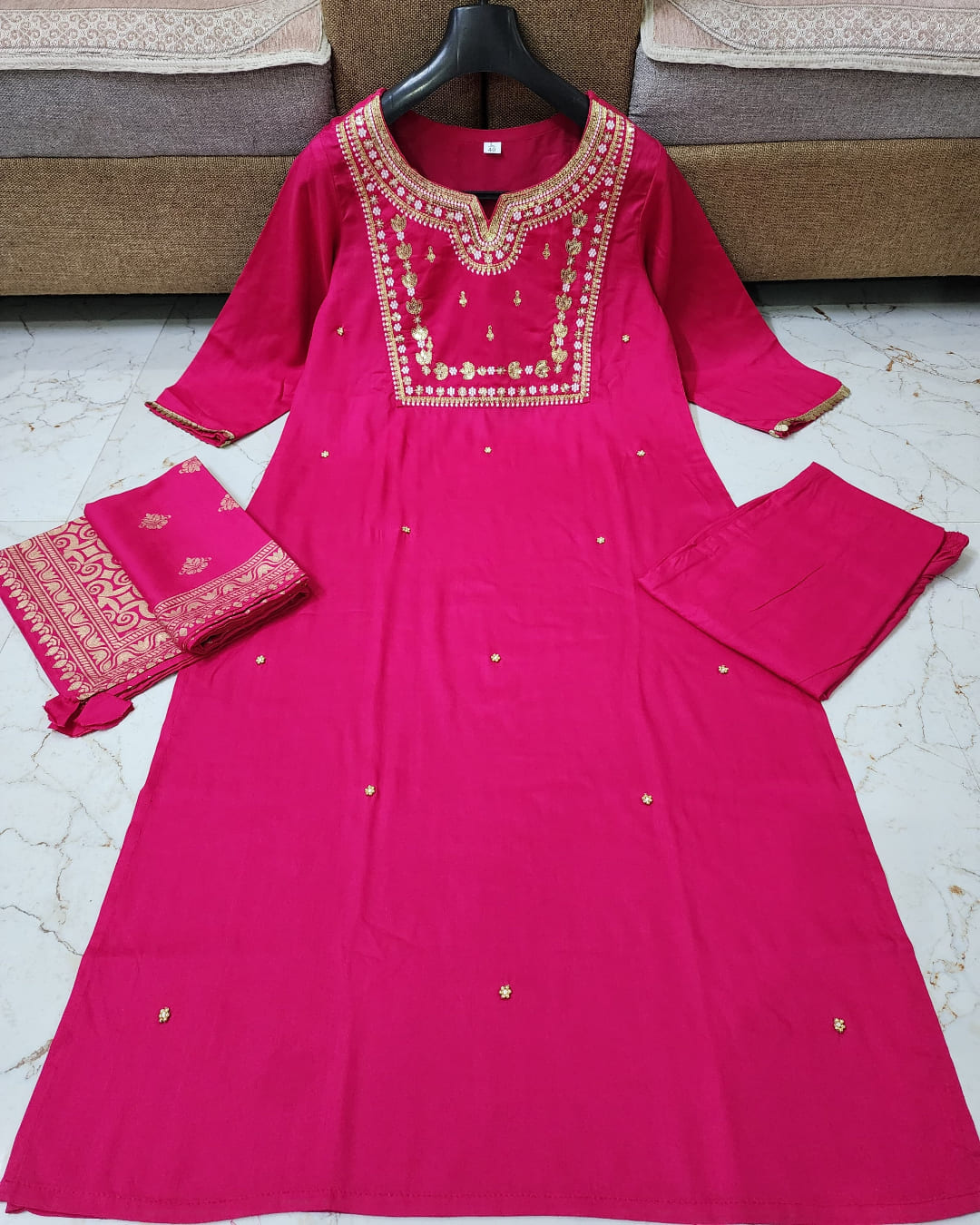 Rani Pink Sequins Handwork Embroidered Rayon Suit Set