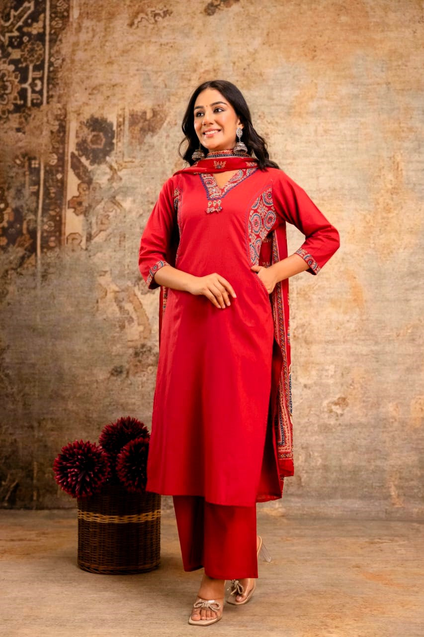Taraash Red Ajrakh Print Embroidered Cotton Suit Set Secondary image