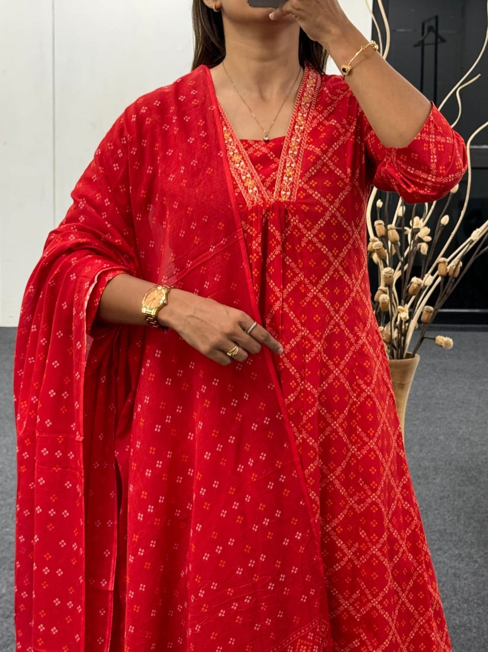 Red Bandhej Embroidered Cotton Suit Set Secondary image