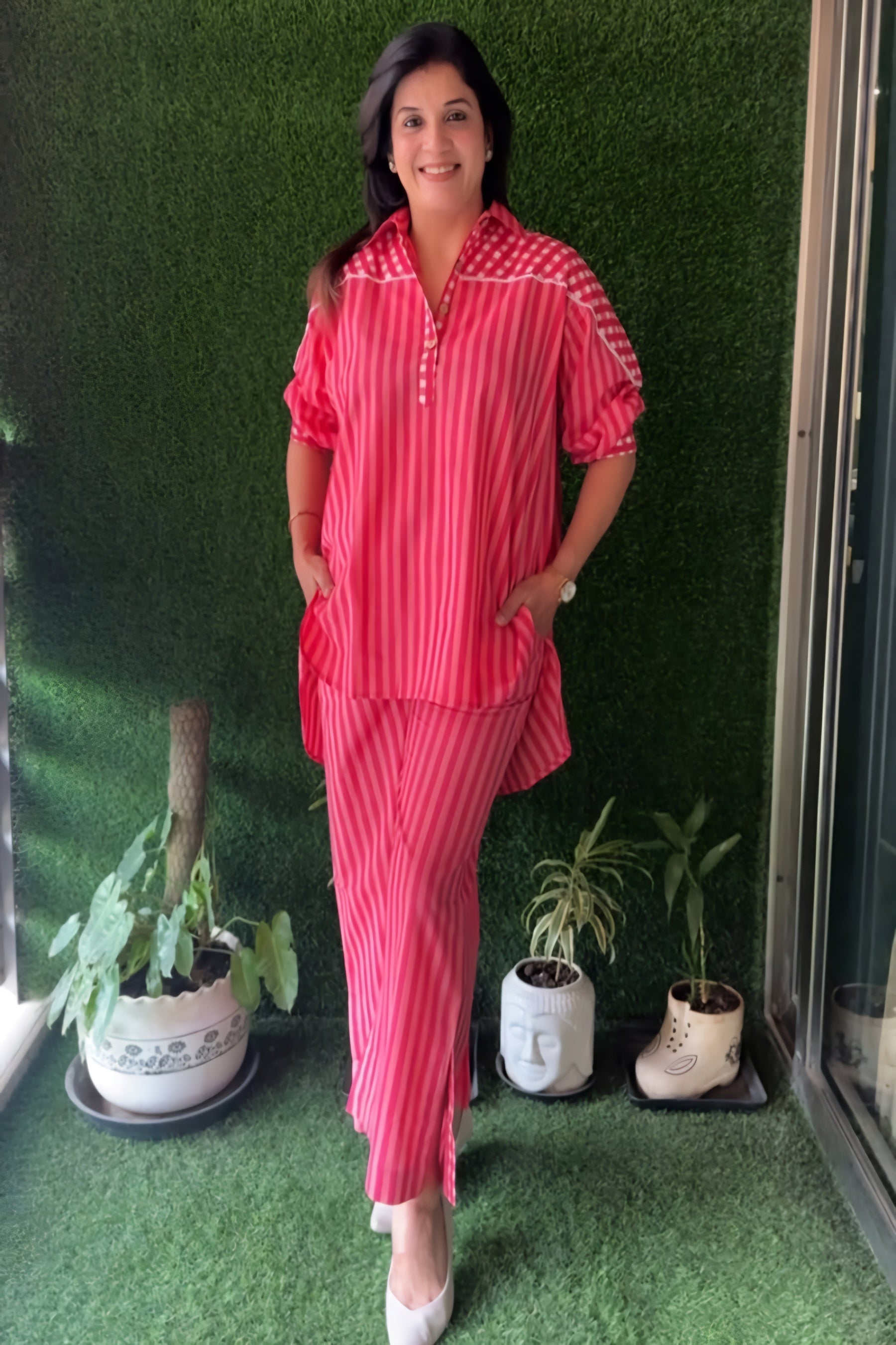 Taraash Red & Pink Striped Up-Down Cotton Co-ord Set Secondary image