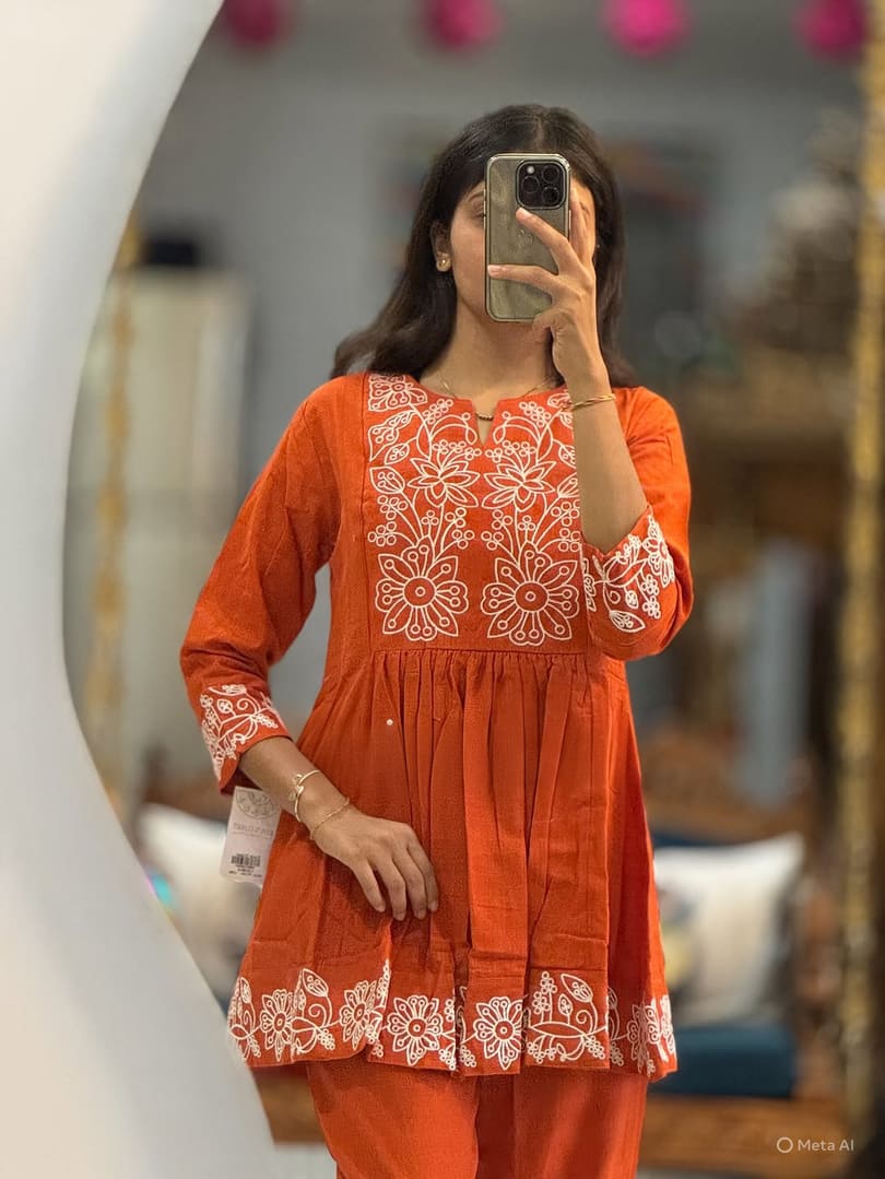 Taraash Rust Orange Floral Embroidered Cotton Co-ord Set Secondary image