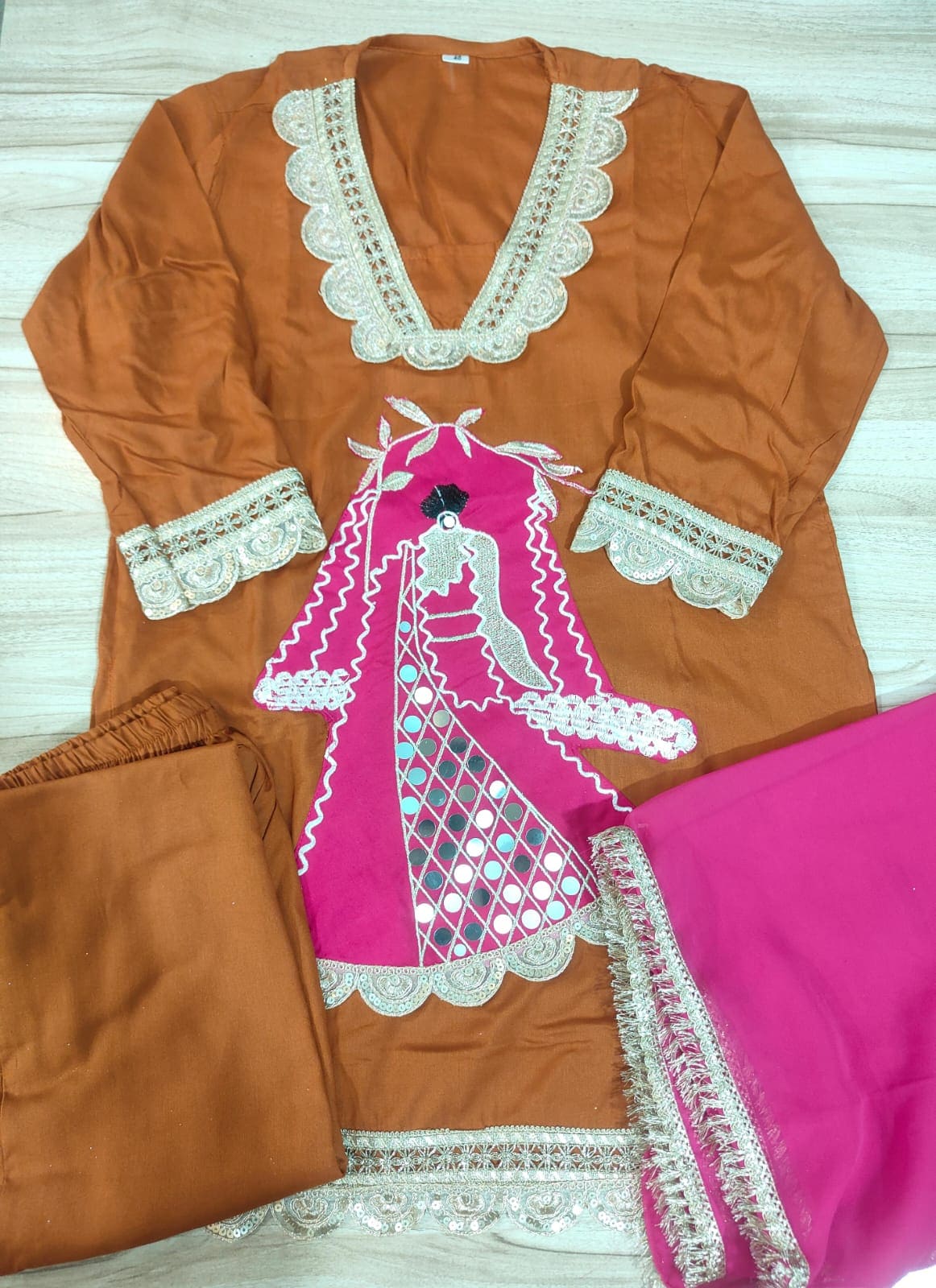 Taraash Rust Zari Work Embroidered Rayon Suit Set Secondary image