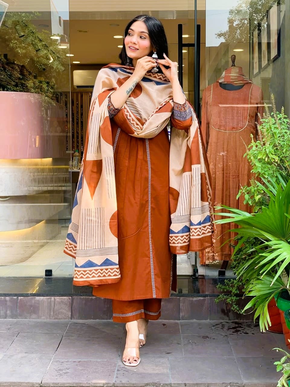 Taraash Rust Taj Printed Embroidered Cotton Suit Set Secondary image