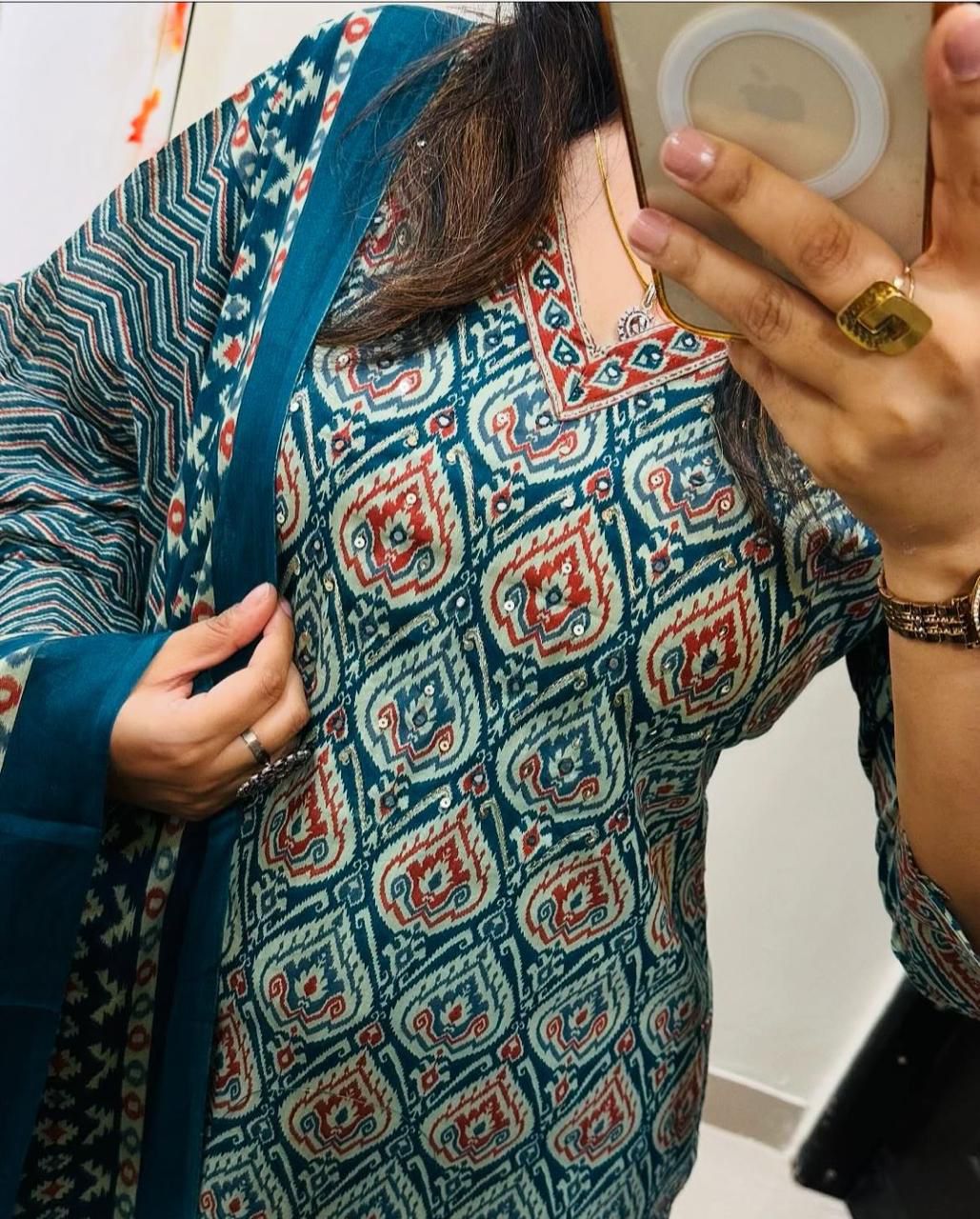 Taraash Teal Blue Batik Printed Embroidered Cotton Suit Set Secondary image