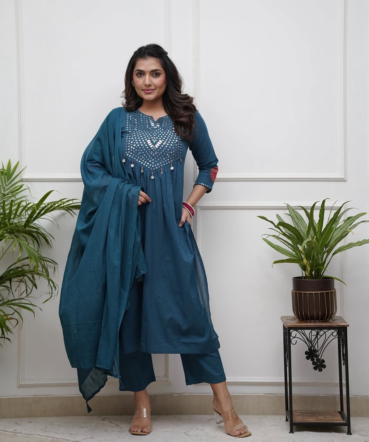Taraash Teal Blue Foil Mirror Work Embroidered Cotton Suit Set Secondary image