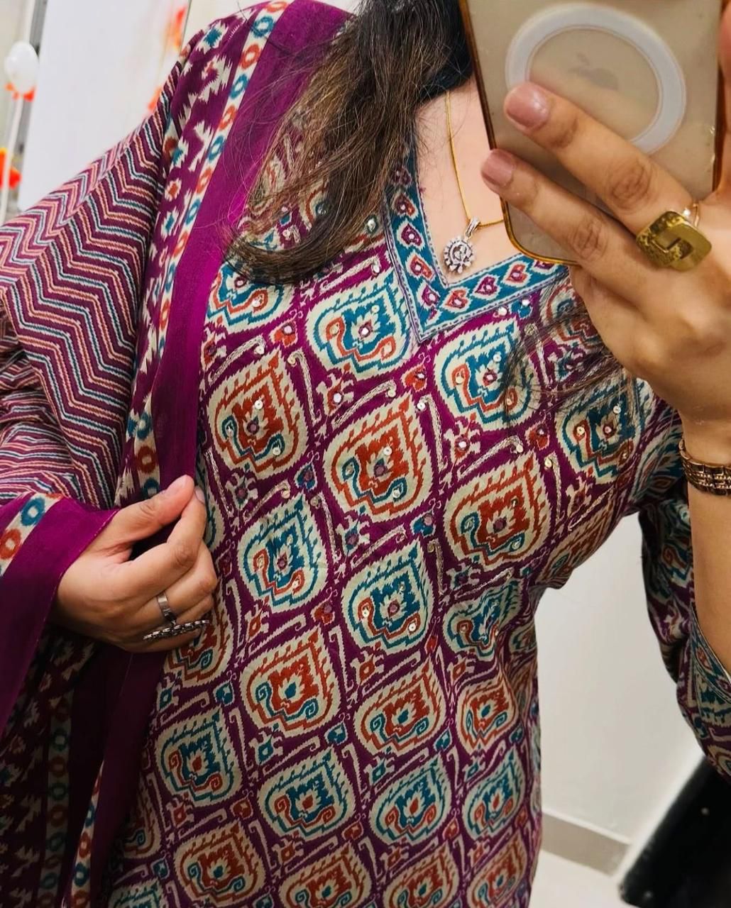 Taraash Wine Batik Printed Embroidered Cotton Suit Set Secondary image