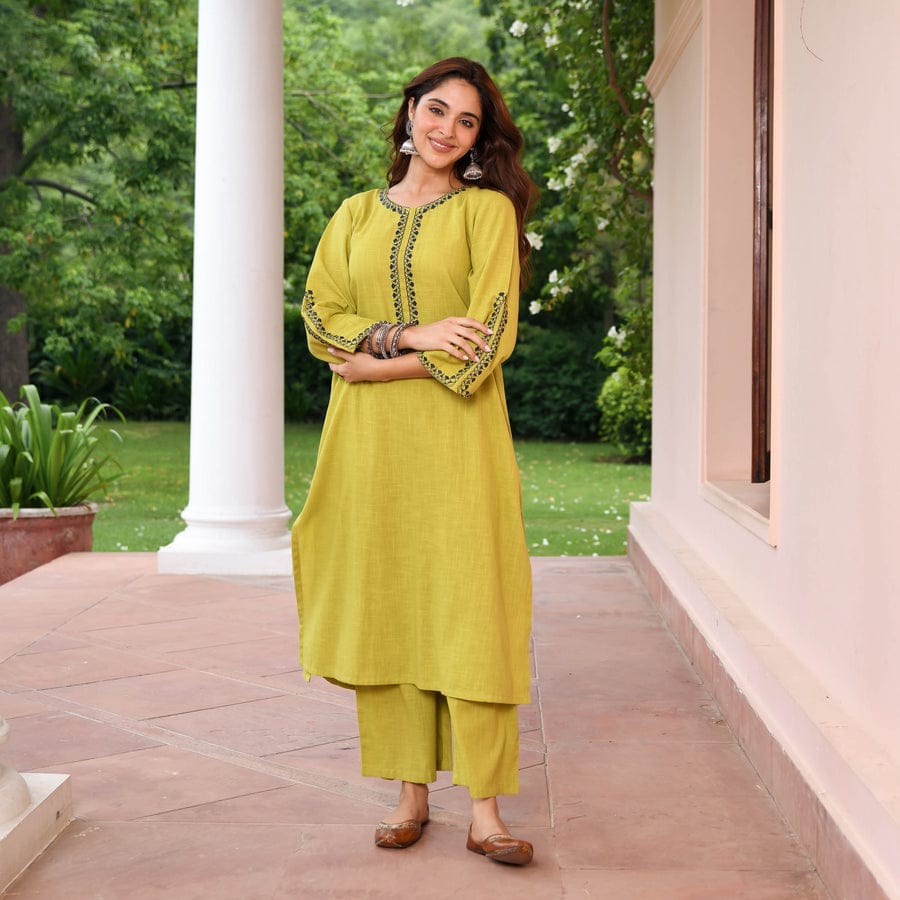 Taraash Yellow Embroidered Slub Cotton Kurta Set