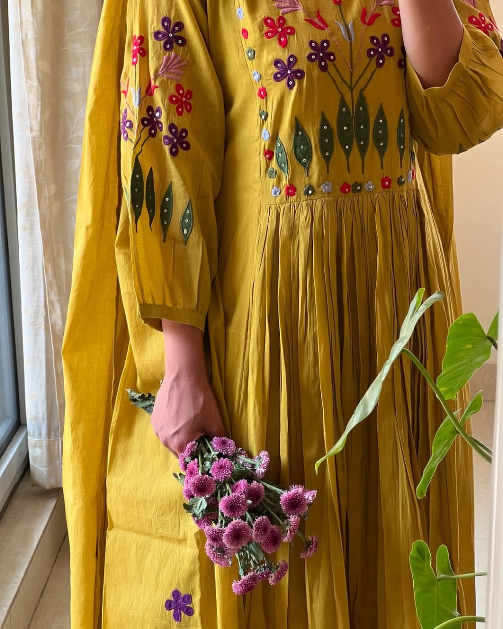 Yellow Floral Embroidered Cotton Anarkali Suit Set Secondary image