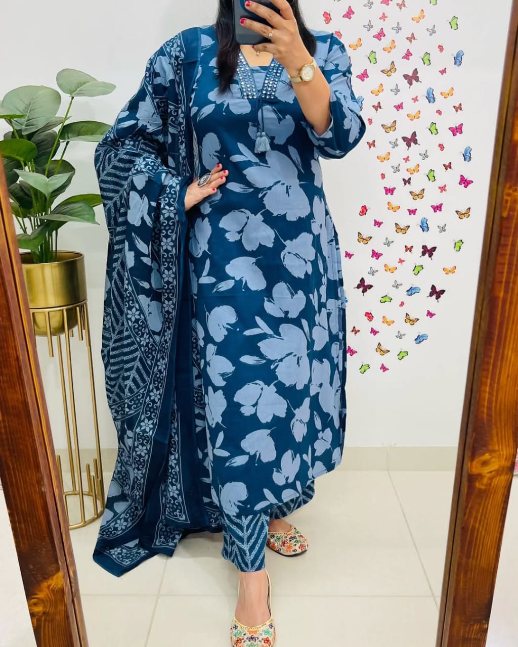 Blue Kalamkari Floral Printed Cotton Suit Set