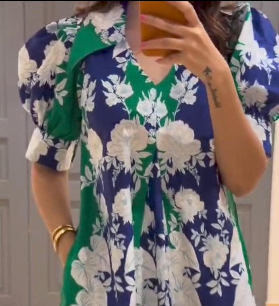 GREEN AND BLUE FLORAL PRINTED COTTON DRESS Secondary image