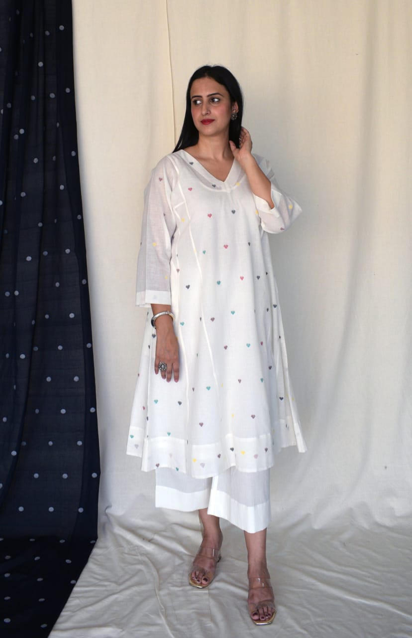 White Heart Printed Cotton Kurta Set