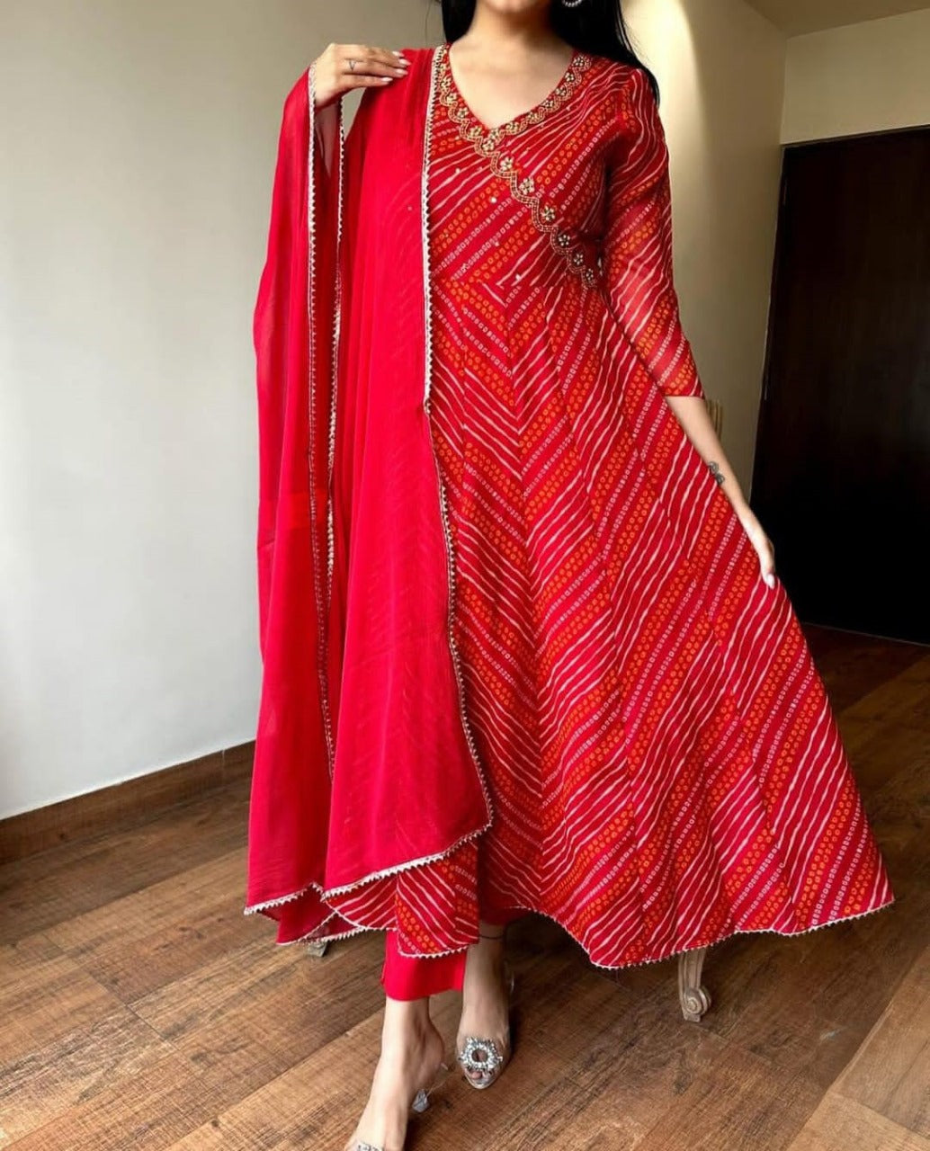 Red Bandhej Zardozi Work Cotton Suit Set