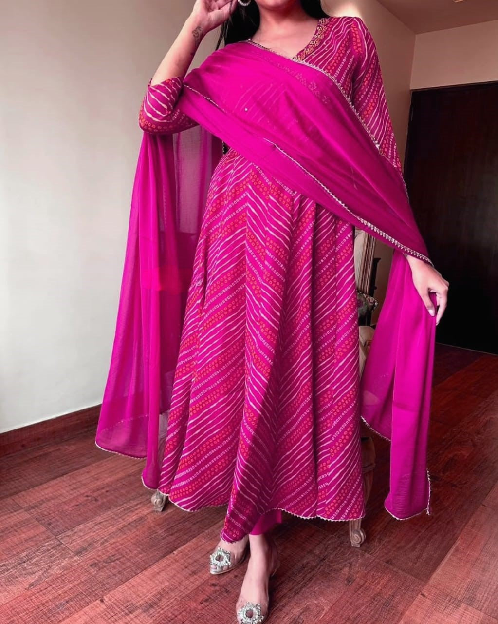 Pink Bandhej Zardozi Work Cotton Suit Set Main image