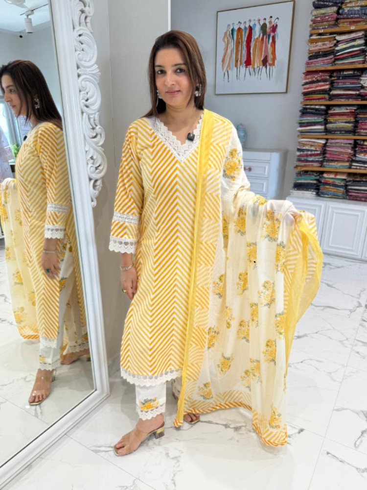 Yellow Leheriya Floral Embroidered Cotton Suit Set