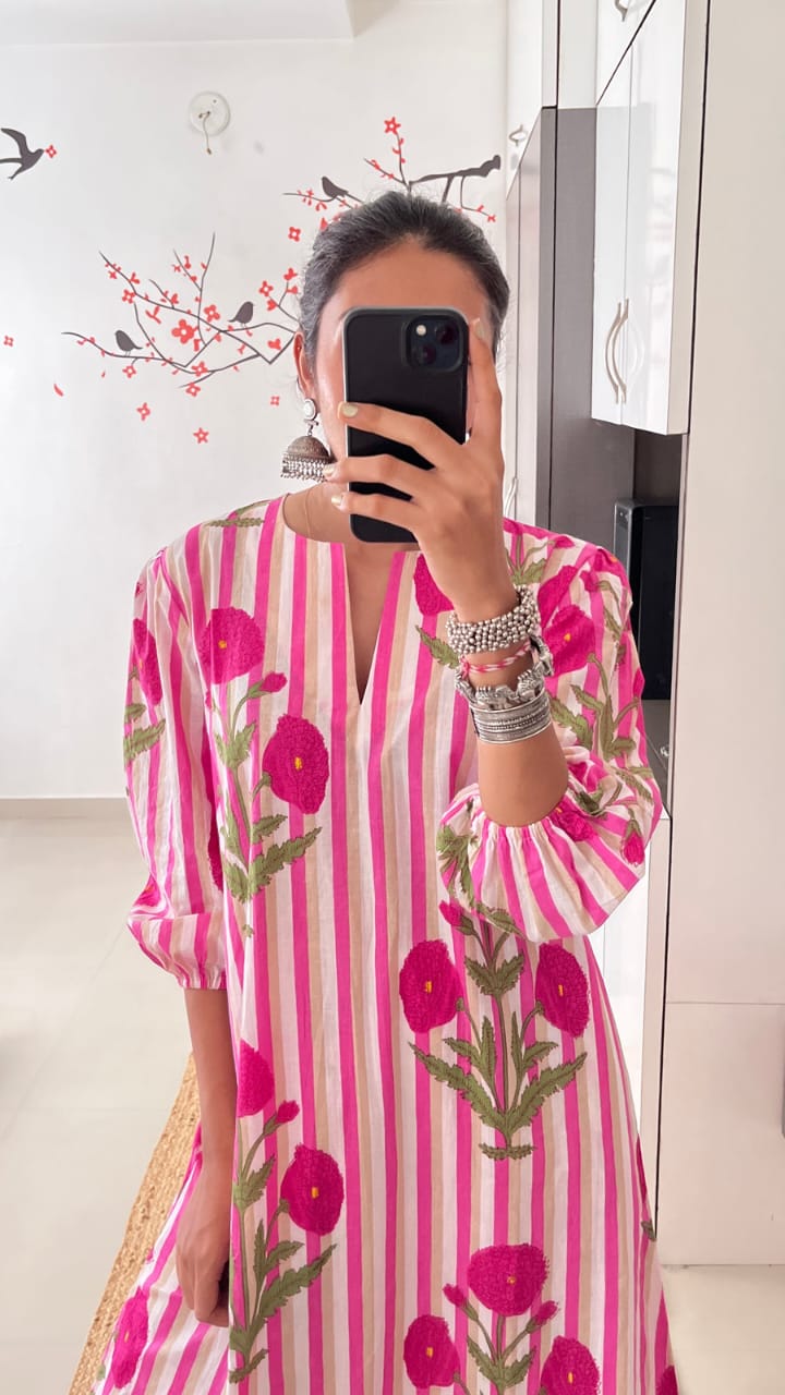 Pink Striped Floral Printed Cotton Co-ord Set Secondary image