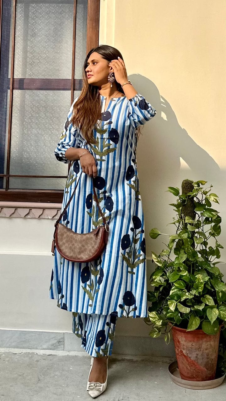 Blue Striped Floral Printed Cotton Co-ord Set