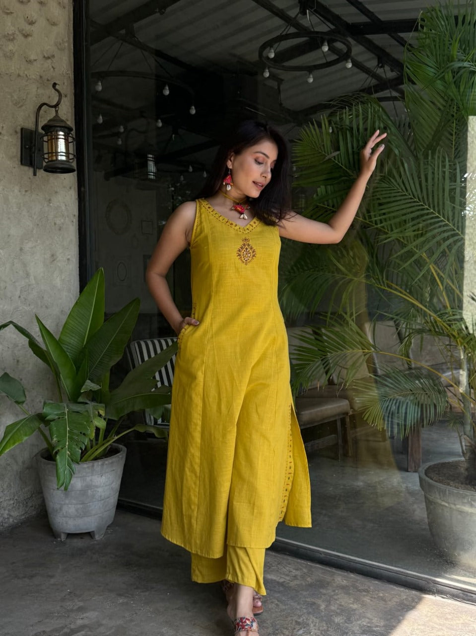Yellow Hand Embroidered Slub Cotton Kurta Set