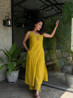 Yellow Hand Embroidered Slub Cotton Kurta Set
