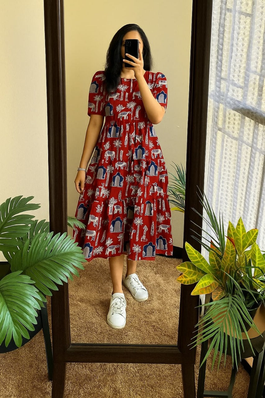 Red Cow Floral Printed Cotton Dress Main image