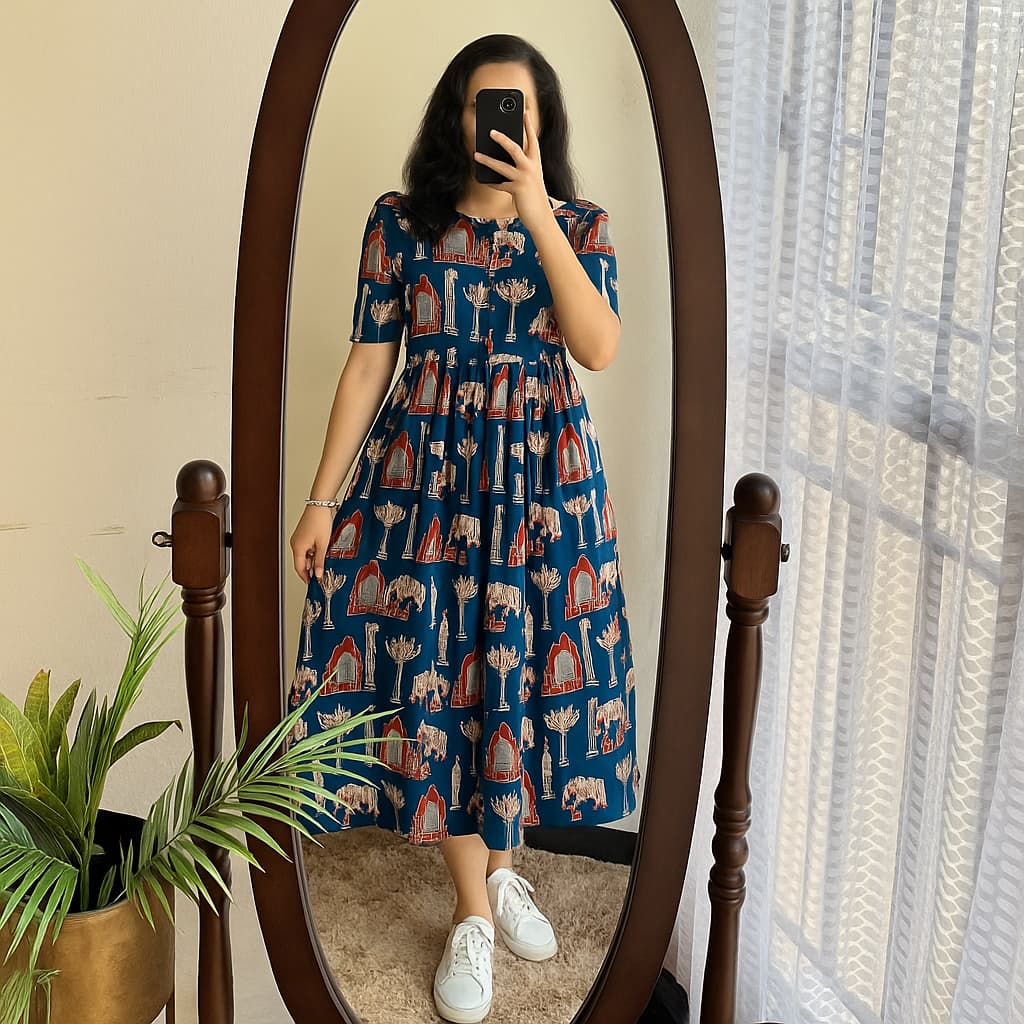 Blue Cow Floral Printed Cotton Dress Main image