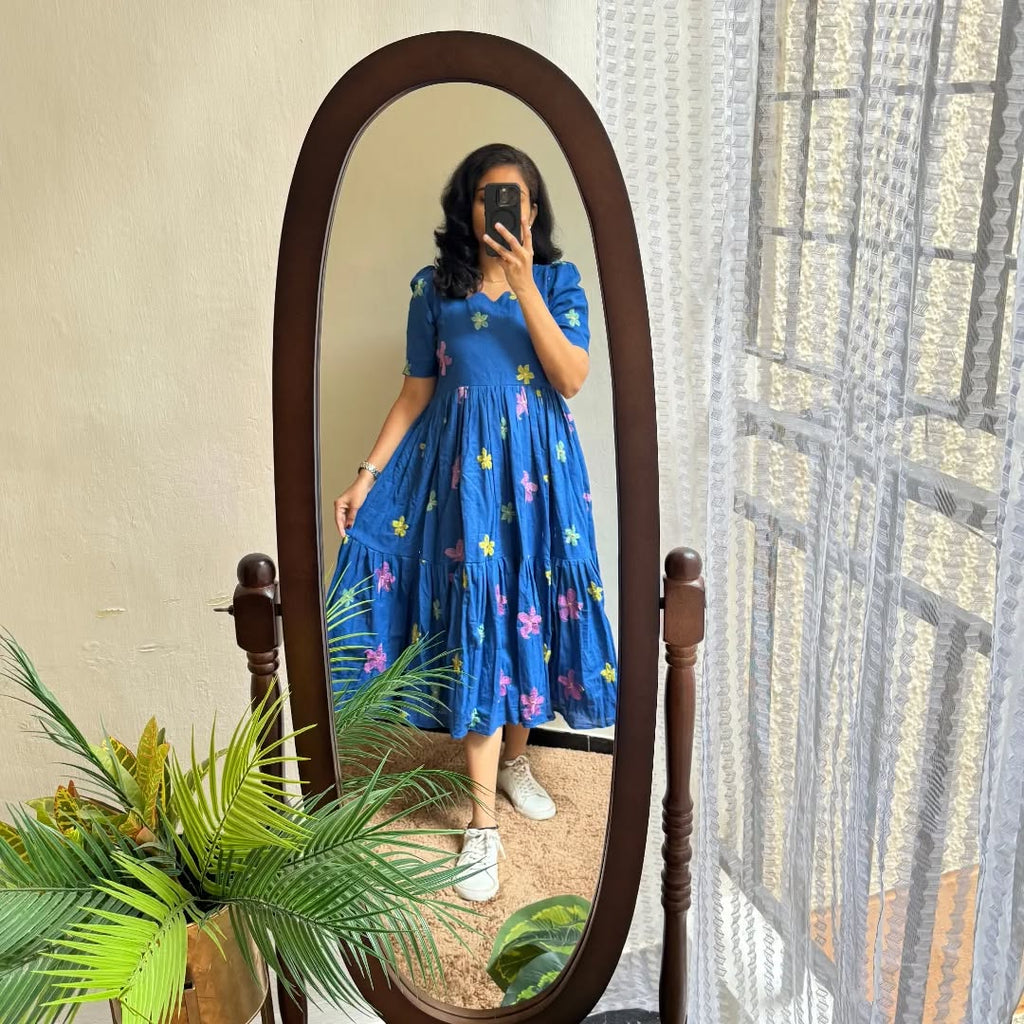 Blue Butterfly Embroidered Cotton Dress