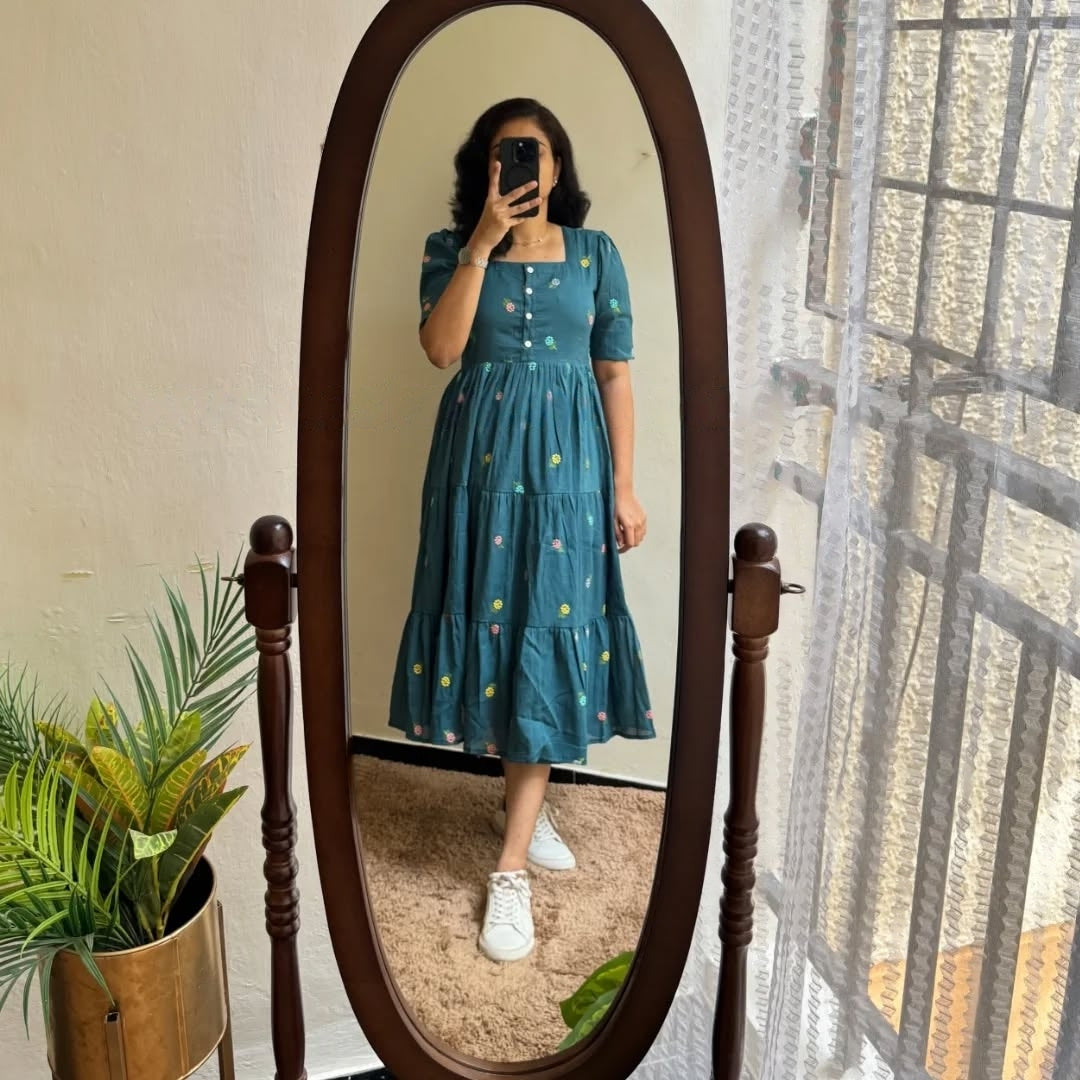 Teal Blue Floral Embroidered Cotton Dress Secondary image