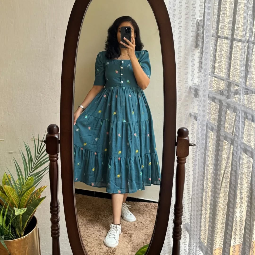 Teal Blue Floral Embroidered Cotton Dress Main image
