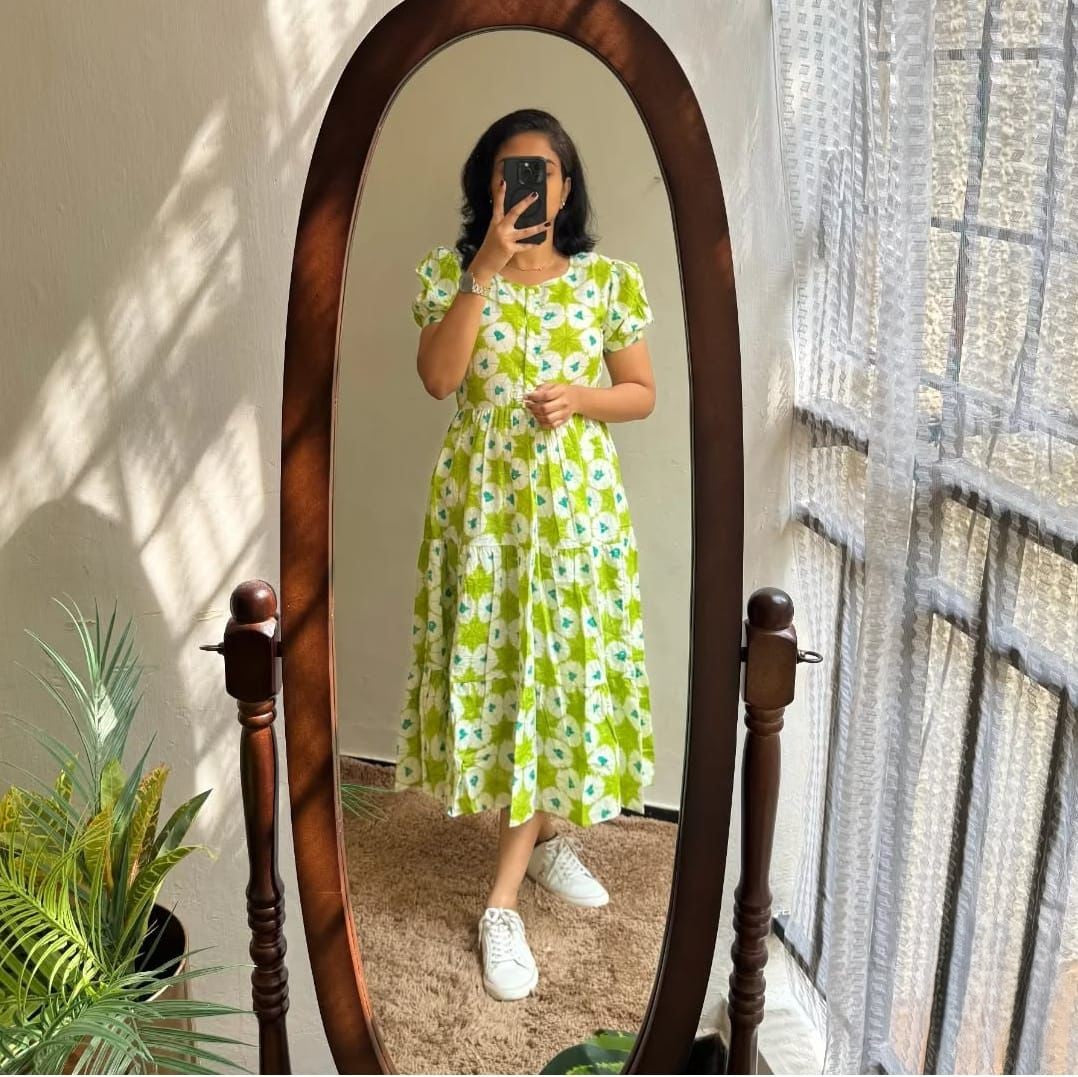 Green & Blue Printed Cotton Dress Main image