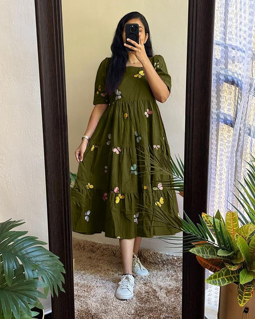 Olive Green Butterfly Embroidered Cotton Dress Main image
