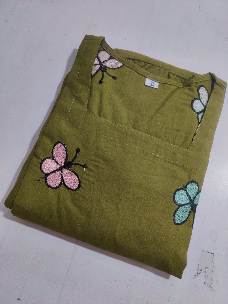 Olive Green Butterfly Embroidered Cotton Dress Secondary image