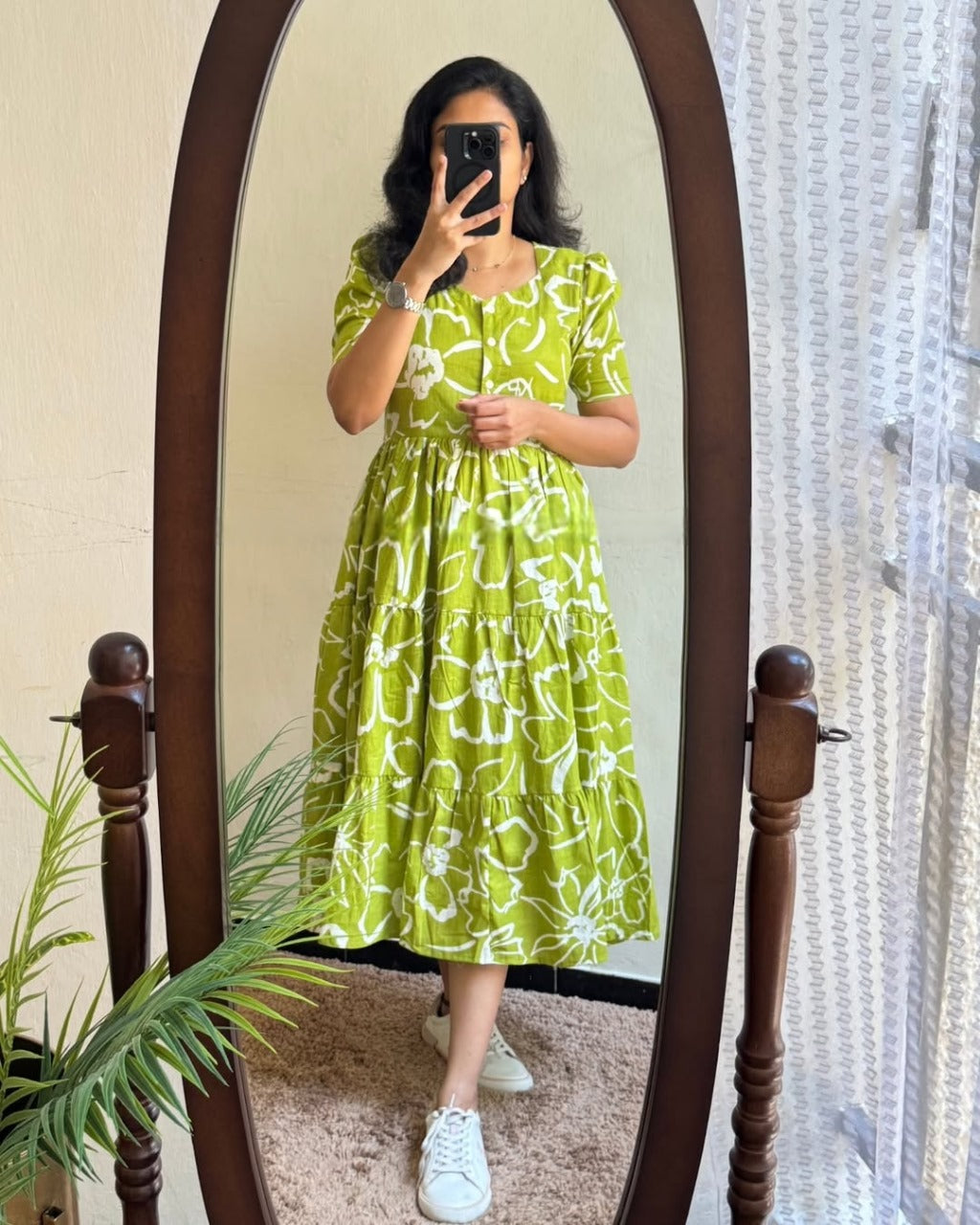 Green Floral Printed Cotton Dress