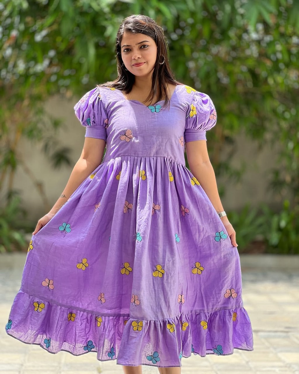 Lavender Butterfly Embroidered Cotton Dress Main image