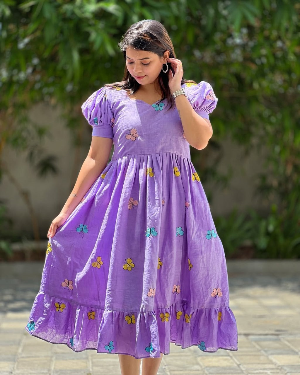 Lavender Butterfly Embroidered Cotton Dress Secondary image