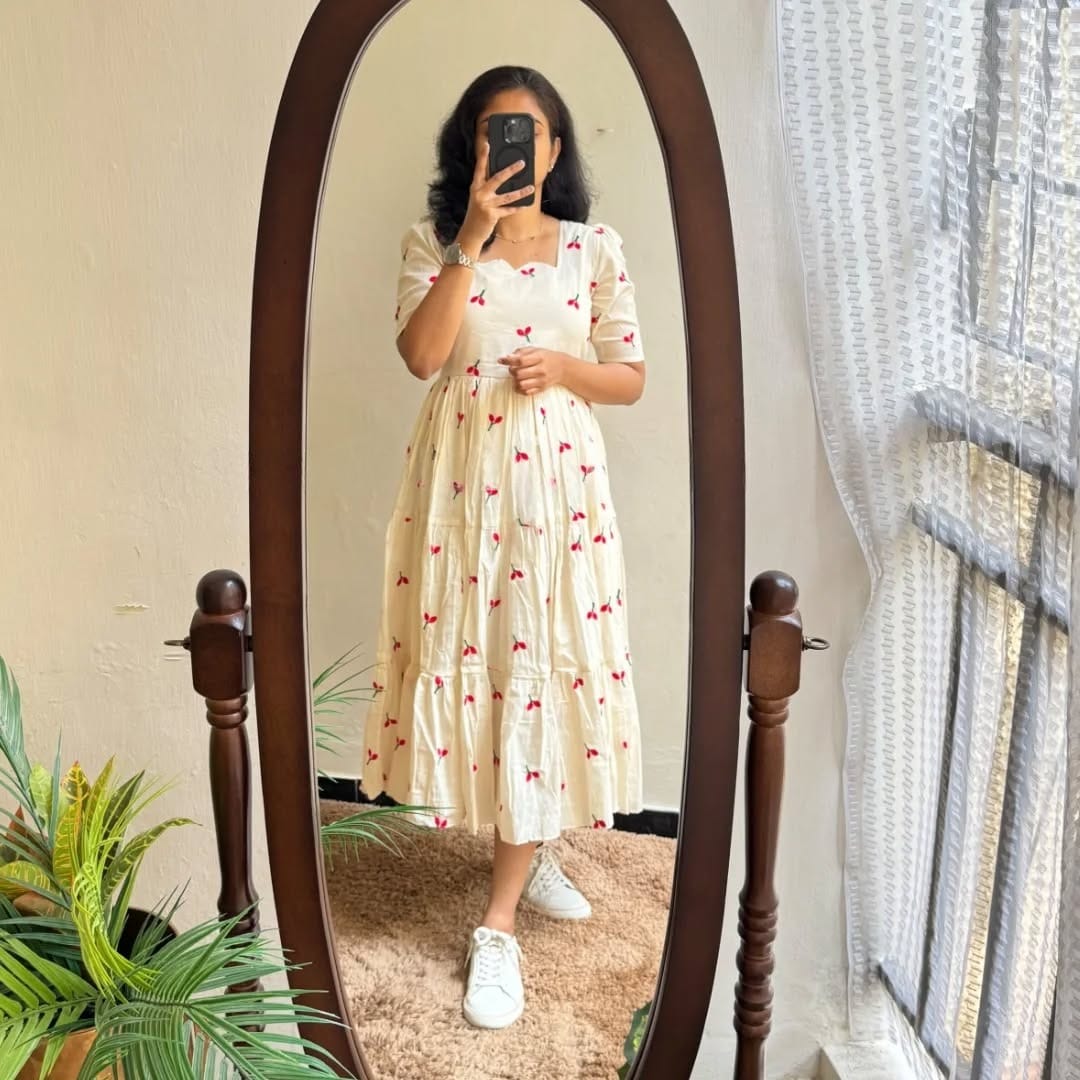 White Cherry Embroidered Cotton Dress