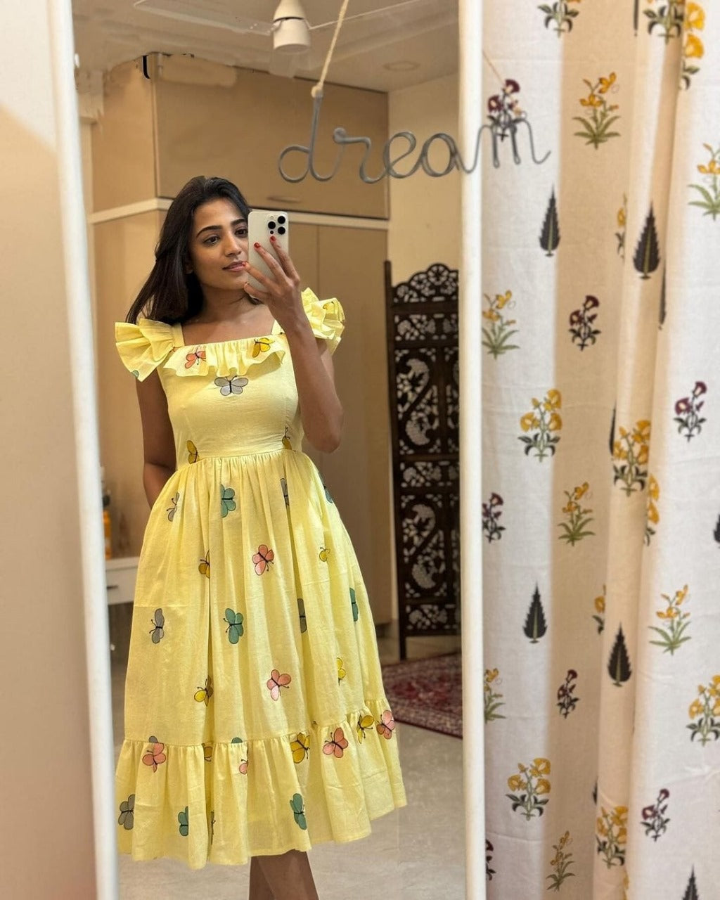 Yellow Butterfly Embroidered Frill Knee Length Cotton Dress Secondary image