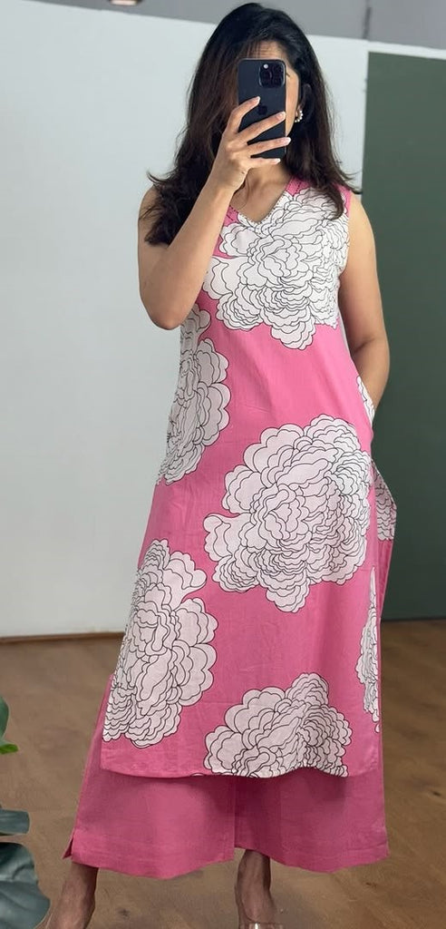 Pink Floral Printed Embroidered Cotton Kurta Set