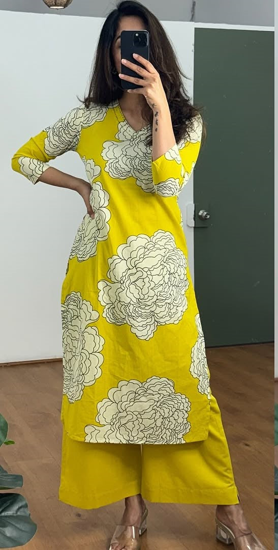 Mustard Yellow Floral Printed Embroidered Cotton Kurta Set Main image